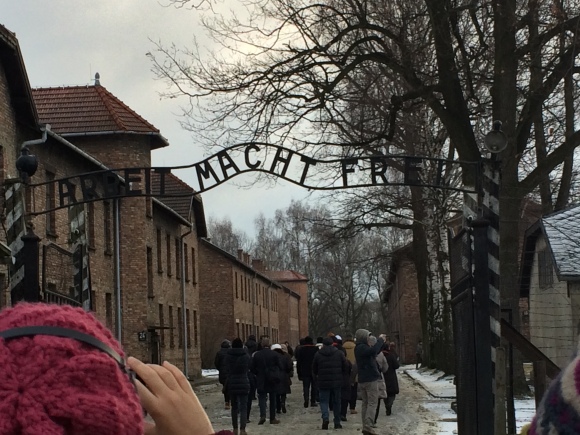 The main gate into Auschwitz, which reads "Work sets you free" in German.